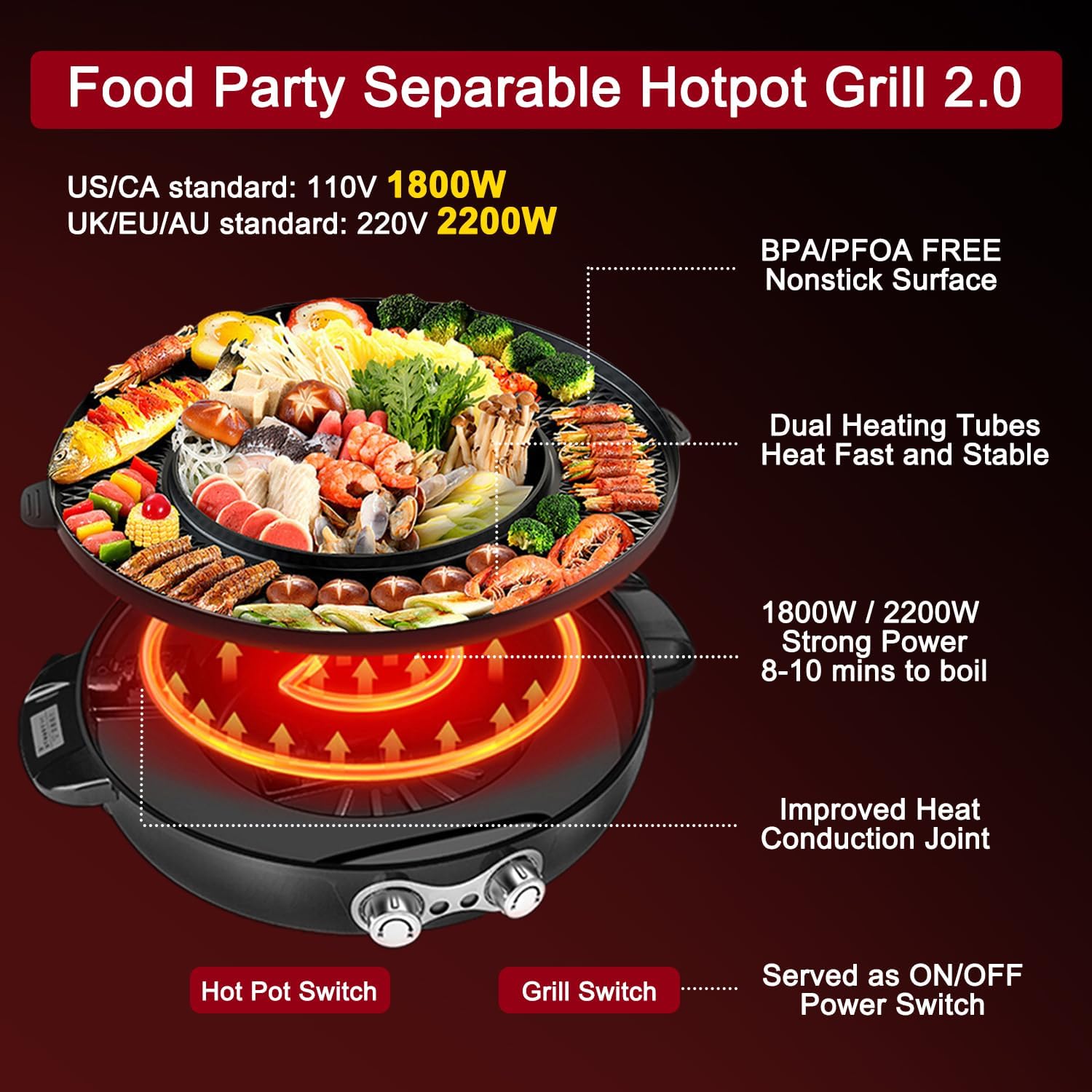 Food Party Hot Pot Electric Korean BBQ Grill 2 in 1 Hotpot Smokeless Indoor Grill Removable Cooking Plate Easy Cleaning 110V 1800W Shabu Shabu Pot with Divider