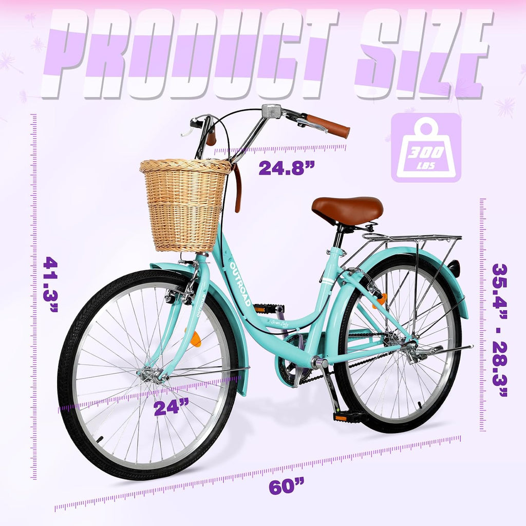 Max4out Women Bike Beach Cruiser Bike for Adult, 24 & 26 Inch Comfort Bikes with Rattan Front Basket, Womens Bicycle with Adjustable Seat and Dual V-Brake (Pink & White & Green & Purple & Black)