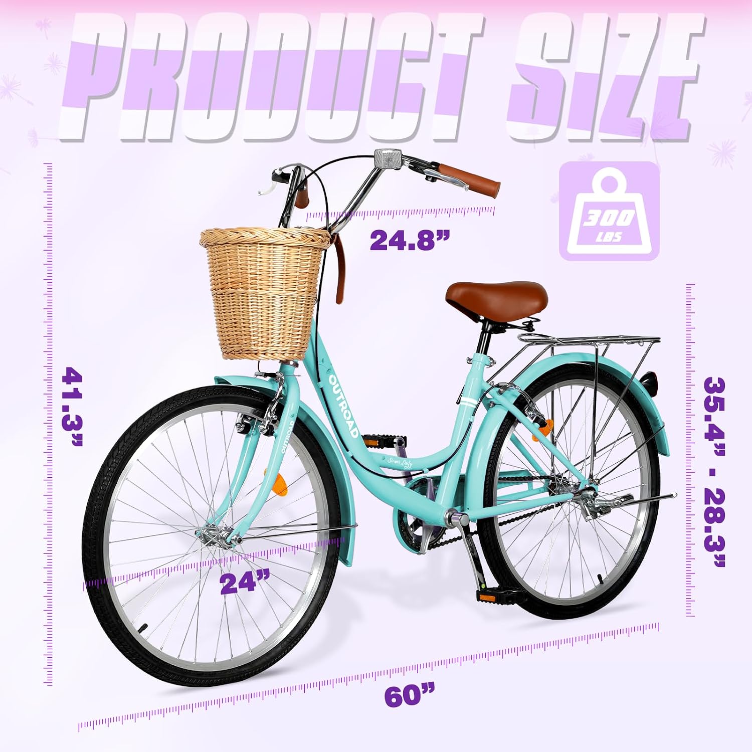Max4out Women Bike Beach Cruiser Bike for Adult, 24 & 26 Inch Comfort Bikes with Rattan Front Basket, Womens Bicycle with Adjustable Seat and Dual V-Brake (Pink & White & Green & Purple & Black)