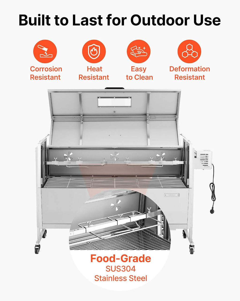 VEVOR Rotisserie Grill, 46in BBQ Outdoor Pig & Lamb Spit Roaster, Charcoal Spit Roaster with 132 LBS Capacity, Wheels & 4-Level Height, Stainless Steel Rotisserie Grill Kit for Camping Outdoor Parties