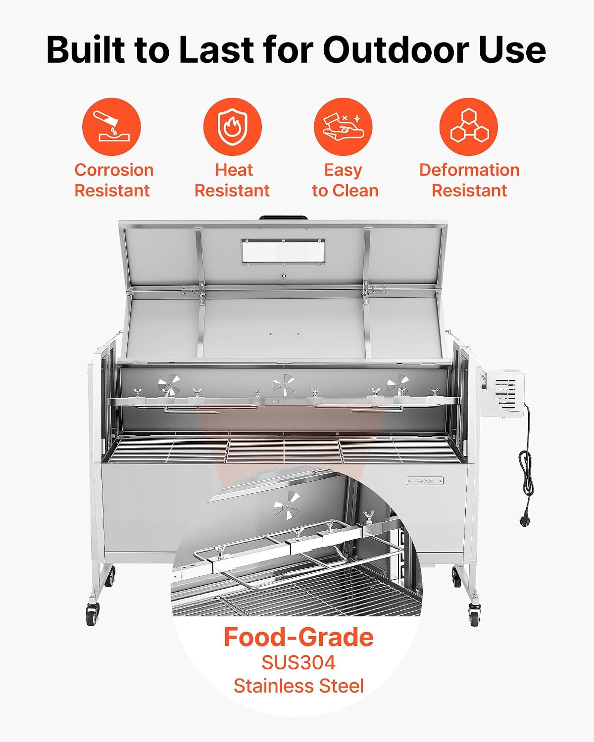 VEVOR Rotisserie Grill, 46in BBQ Outdoor Pig & Lamb Spit Roaster, Charcoal Spit Roaster with 132 LBS Capacity, Wheels & 4-Level Height, Stainless Steel Rotisserie Grill Kit for Camping Outdoor Parties
