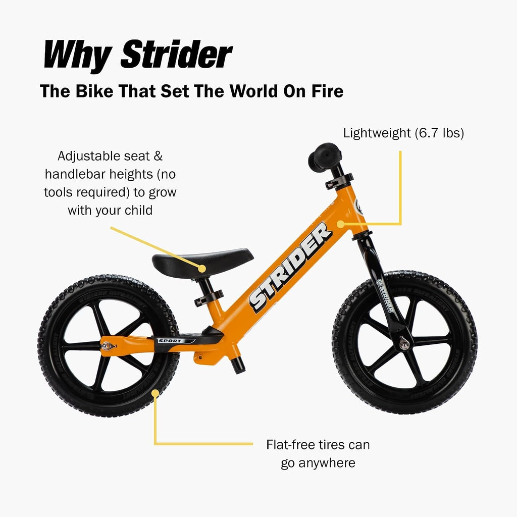 Strider 12' Sport Bike - No Pedal Balance Bicycle for Kids 1 to 4 Years - Includes Safety Pad, Padded Seat, Mini Grips & Flat-Free Tires - Tool-Free Assembly & Adjustments