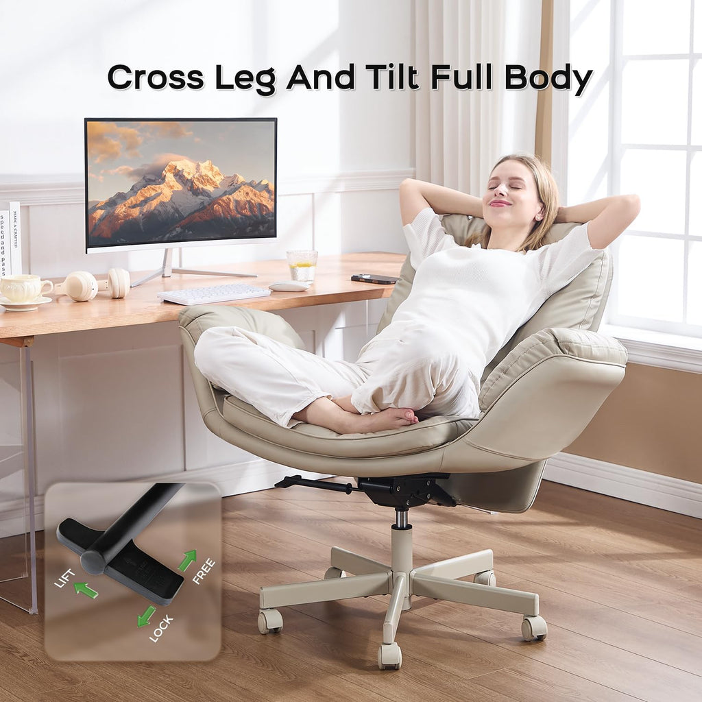 amseatec Criss Cross Chair with Armrests & Wheels for Cross-Legged Sitting, Comfortable Adjustable Swivel Office Desk Chair –PU Leather Vanity Chair for Home, Makeup and Bedroom (Cream)