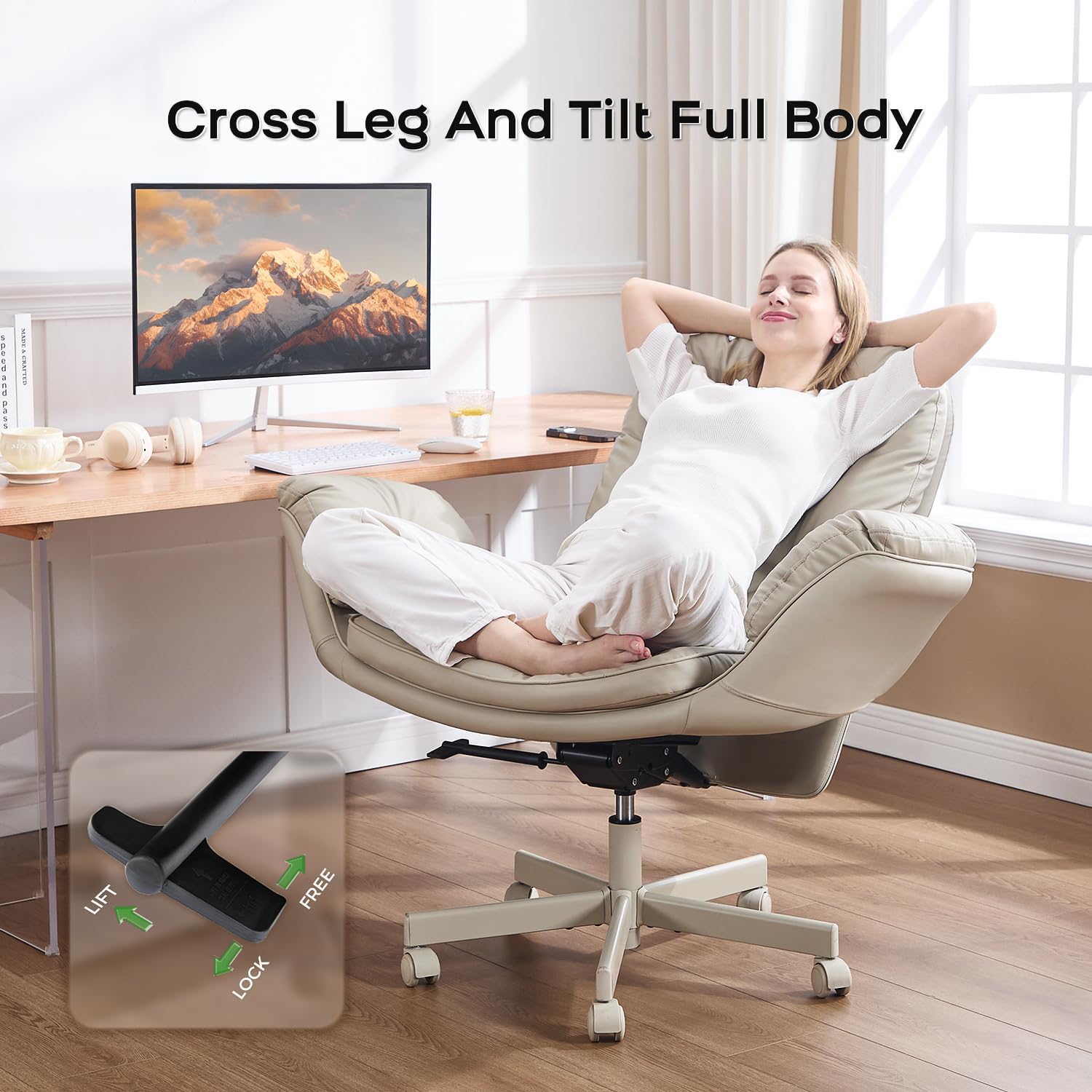 amseatec Criss Cross Chair with Armrests & Wheels for Cross-Legged Sitting, Comfortable Adjustable Swivel Office Desk Chair –PU Leather Vanity Chair for Home, Makeup and Bedroom (Cream)