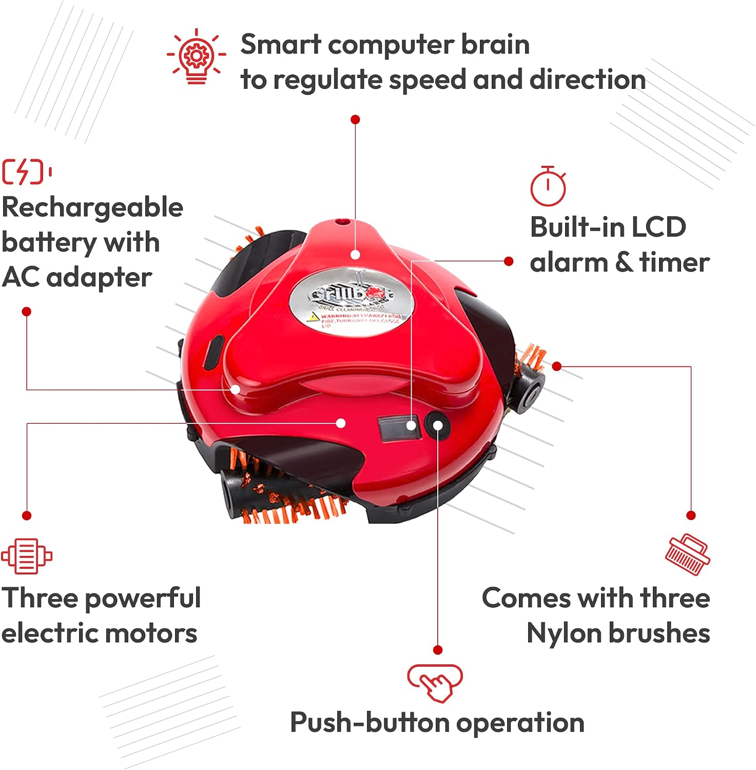 Grillbot Automatic Grill Cleaning Robot with Nylon Brushes, Electric BBQ Cleaner Brush with Motorized Power, Cordless Rechargeable Grill Scrubber for Outdoor Grills (Red)