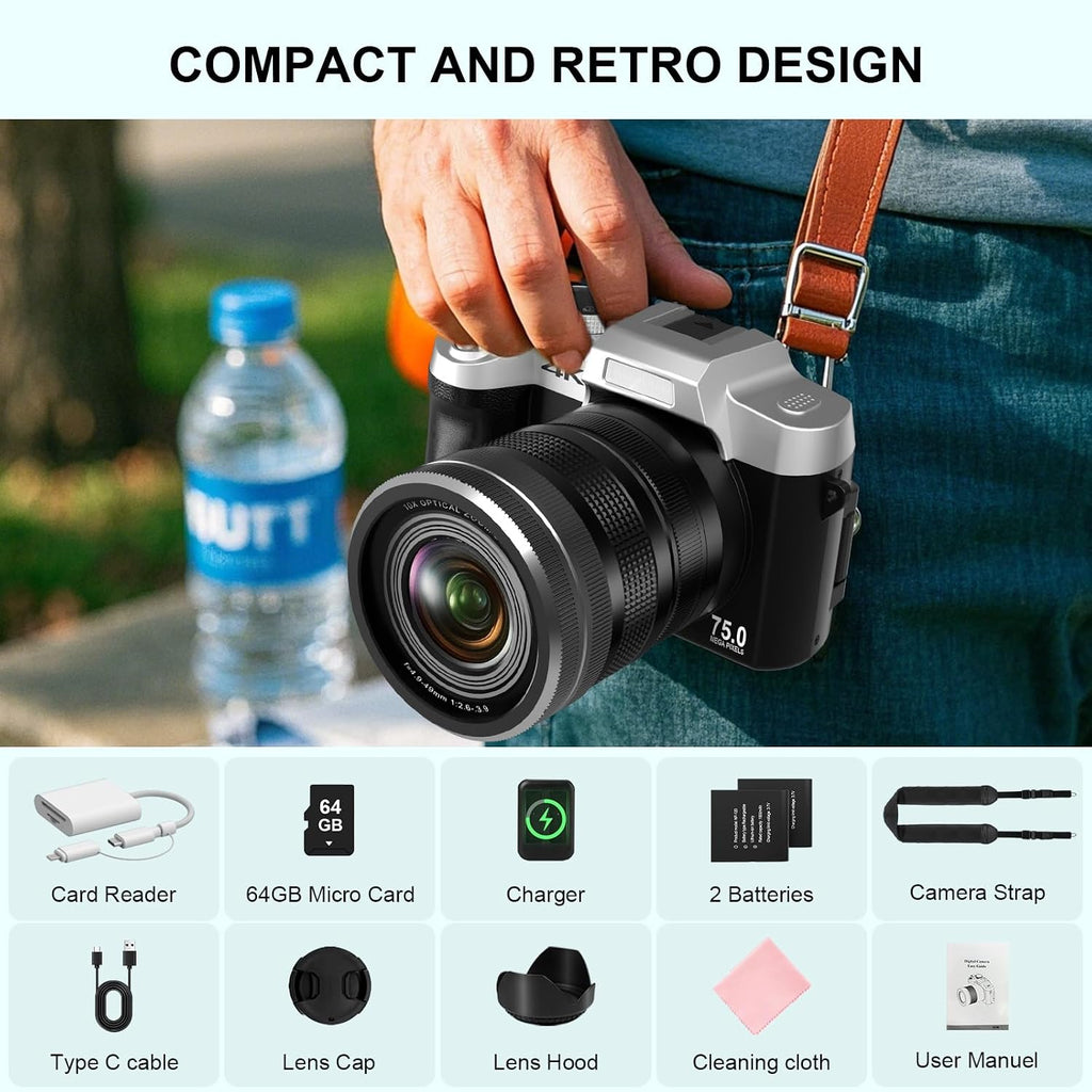 Yatao Cameras for Photography & Vlogging,75MP 4K Digital Camera with Flip Touchscreen, 10X Optical Zoom, WiFi, 64GB TF Card, Card Reader, Compact YouTube Camera for Travel, Beginners, Creators