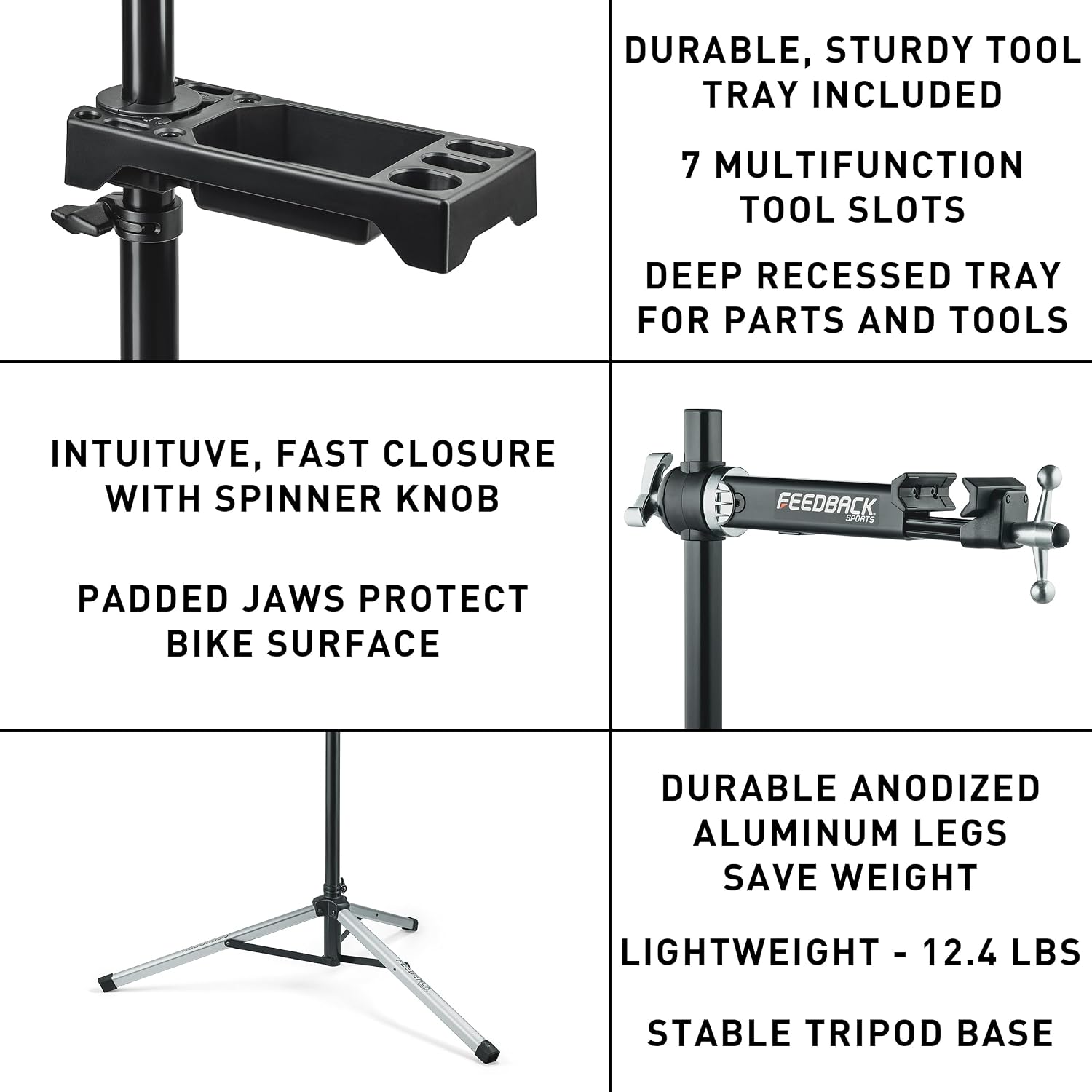 Feedback Sports | Sport-Mechanic Bicycle Repair Stand | Bicycle Workstand W/Tripod Base | Lightweight and Durable | Aluminum Steel Hybrid Construction | Black (Black, Sport Mechanic 2.0)