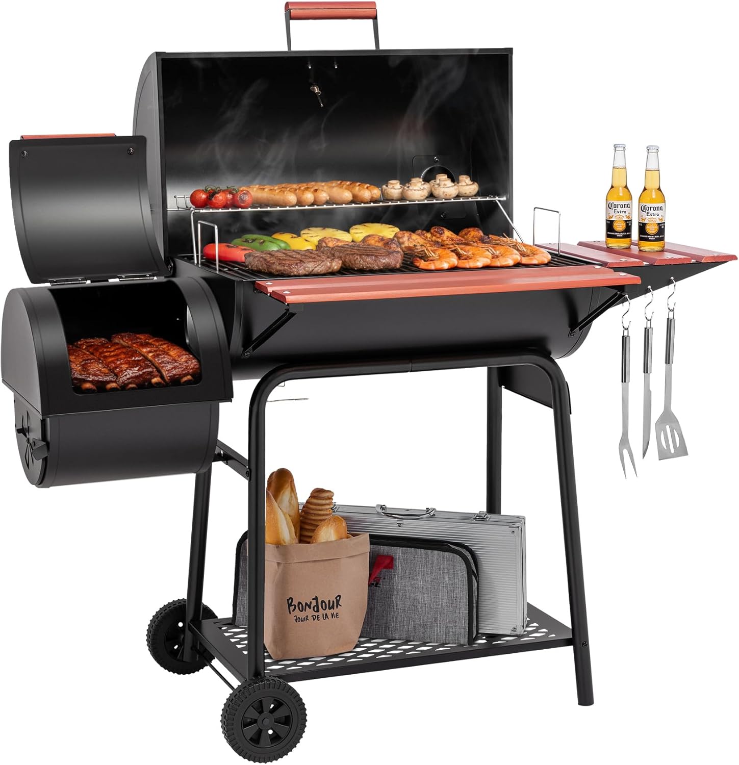 Royal Gourmet CC1830W 30-Inch Charcoal Grill with Offset Smoker and Wood-Painted Side Table, Outdoor Smoker Grill with 811 Sq. In. Cooking Area for Outdoor Barbecue Event, Black