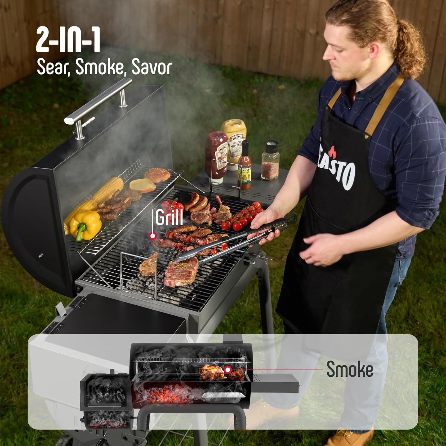 Feasto Heavy-Duty 30-Inch Charcoal Grill with Offset Smoker Grill, Side Table & 815 Sq. In Cooking Space, Outdoor BBQ Grill for Outdoor Barbecue in Backyard, Patio and Parties, Black