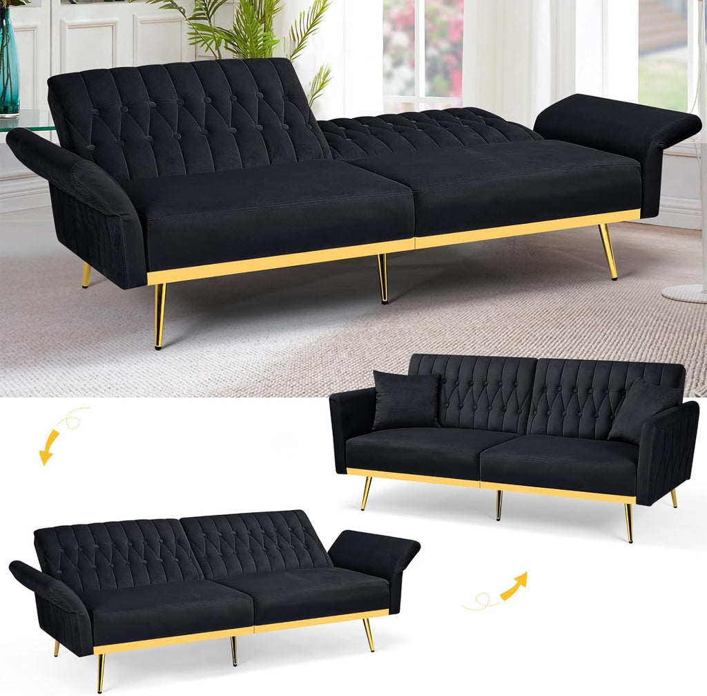 70' Velvet Futon Sofa Bed with 2 Pillows and Adjustable Armrests, Convertible Sleeper Bed W/Adjustable Backrests, Modern Loveseat for Living Room, Bedroom, Black