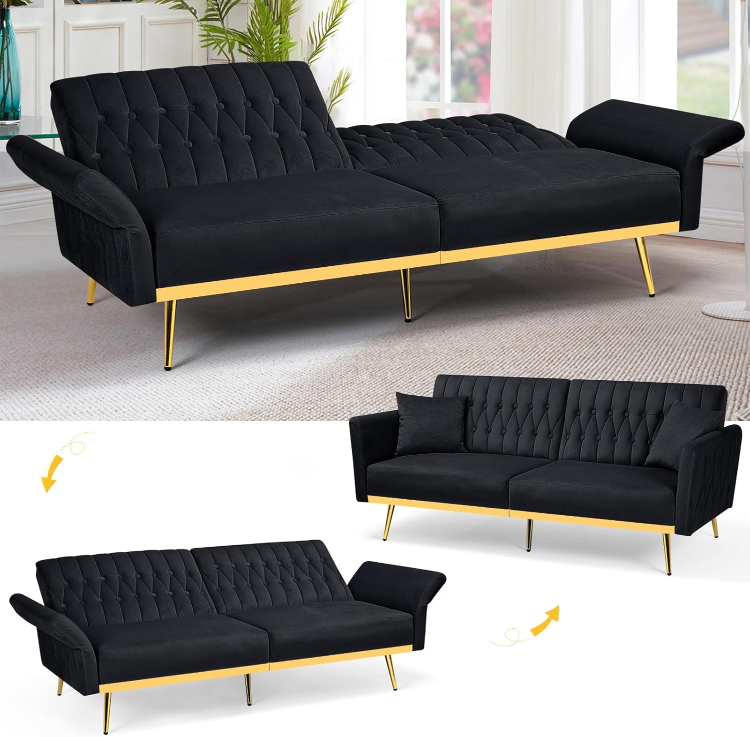 70' Velvet Futon Sofa Bed with 2 Pillows and Adjustable Armrests, Convertible Sleeper Bed W/Adjustable Backrests, Modern Loveseat for Living Room, Bedroom, Black