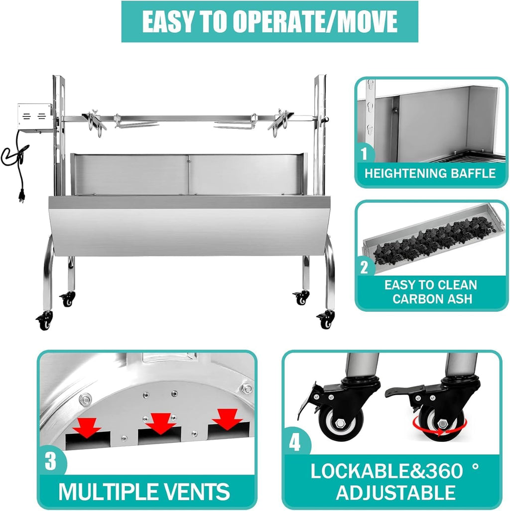 Rotisserie Grill Roaster with Back Cover Guard, 25W Motor Small Pig Lamb Rotisserie Roaster, 48.7 Inch Stainless Steel Charcoal Rotisserie Grill for Camping Outdoor BBQ Silver