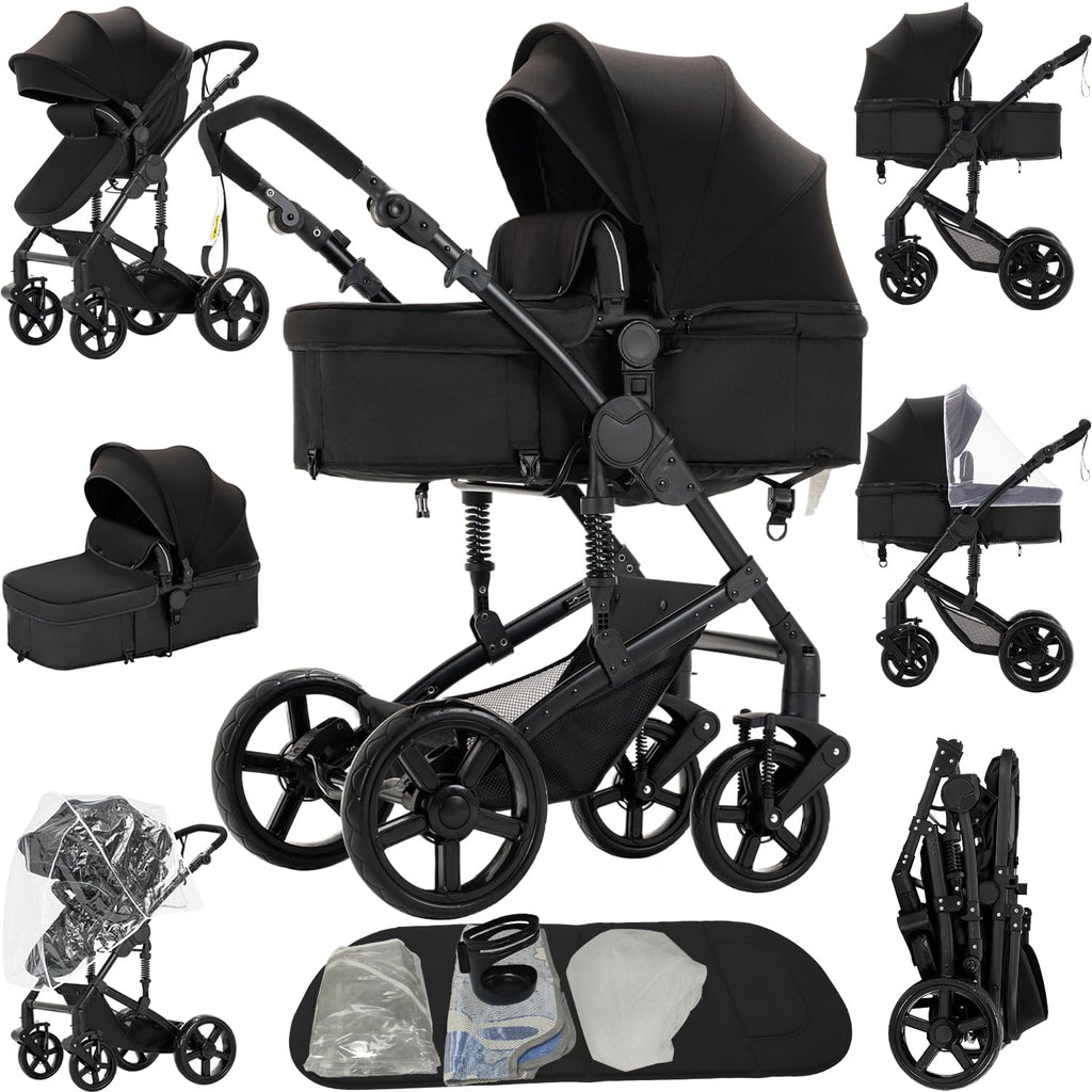 2 in 1 Baby Stroller Reversible Portable Standard Baby Stroller Convertible Pushchair Infant Buggy Baby Carriage Foldable High Landscape Pram for Toddler Newborn (2US588-BLACK)