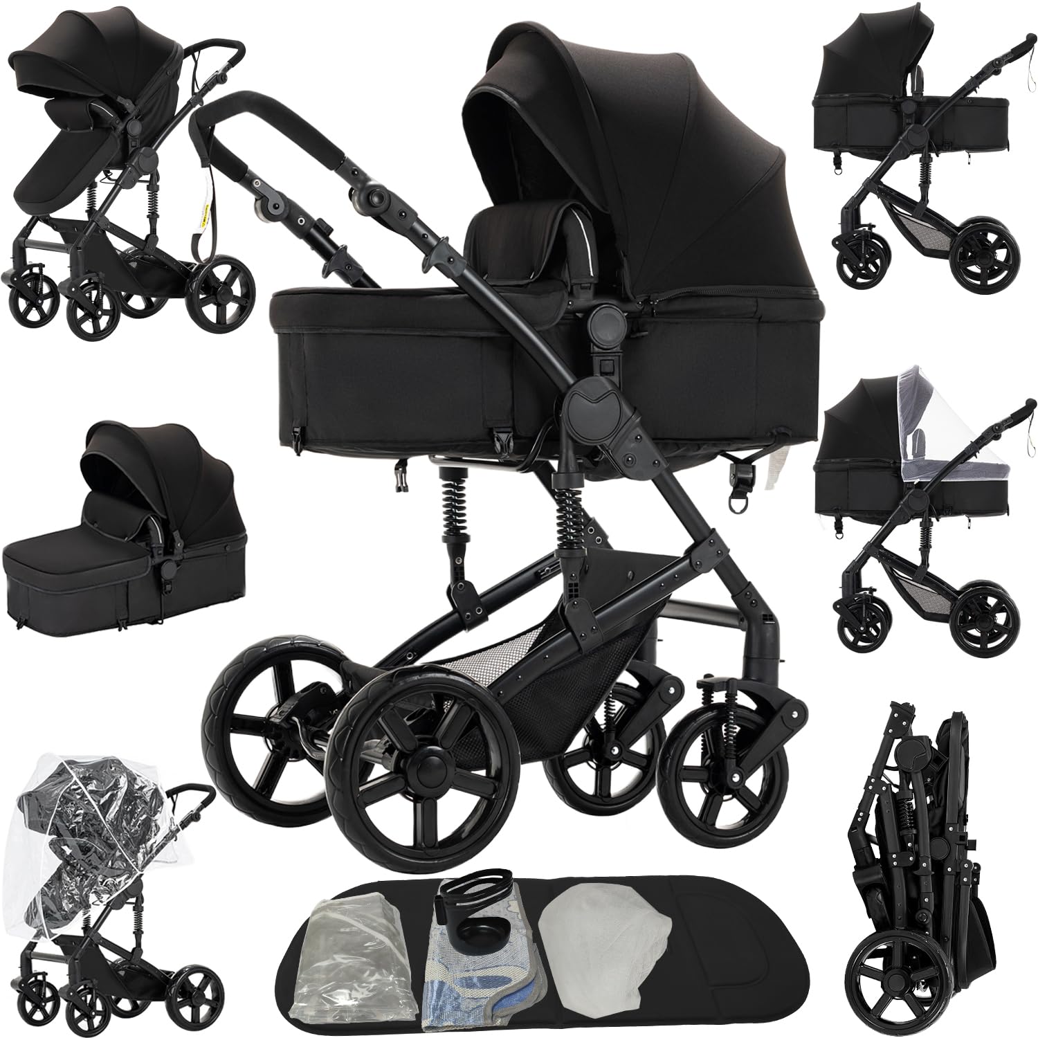 2 in 1 Baby Stroller Reversible Portable Standard Baby Stroller Convertible Pushchair Infant Buggy Baby Carriage Foldable High Landscape Pram for Toddler Newborn (2US588-BLACK)