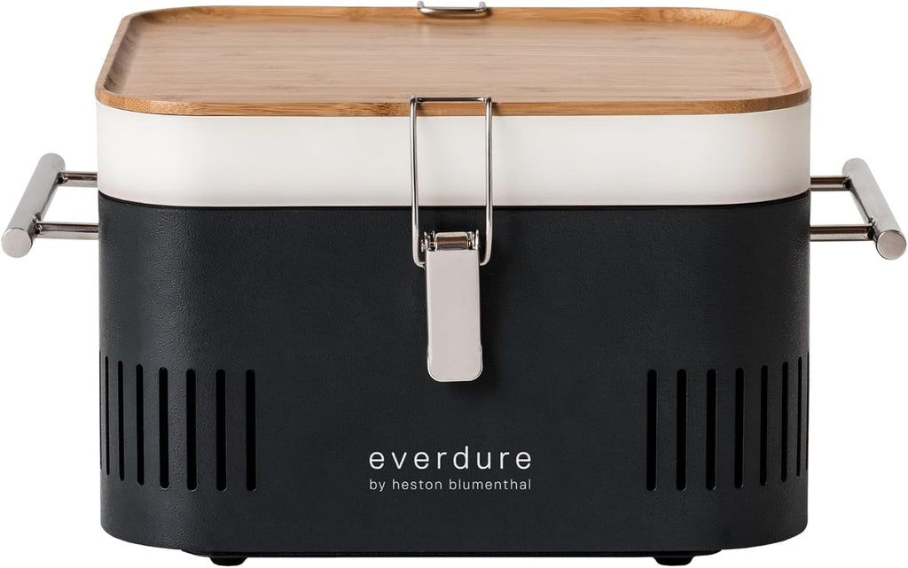 Everdure CUBE Portable Charcoal Grill, Tabletop BBQ, Perfect Tailgate, Beach, Patio, or Camping Grill, Lightweight & Compact Small Grill with Preparation Board & Food Storage Tray, Graphite