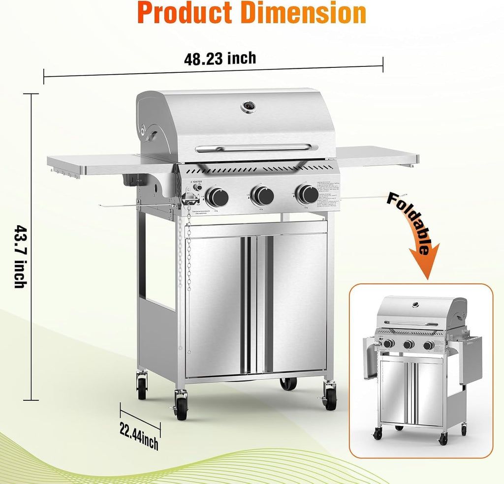 Electactic Propane Gas Grill, 3-Burner 24,000 BTU Stainless Steel BBQ Grill with Foldable Shelf for Outdoor Barbecue and Cooking