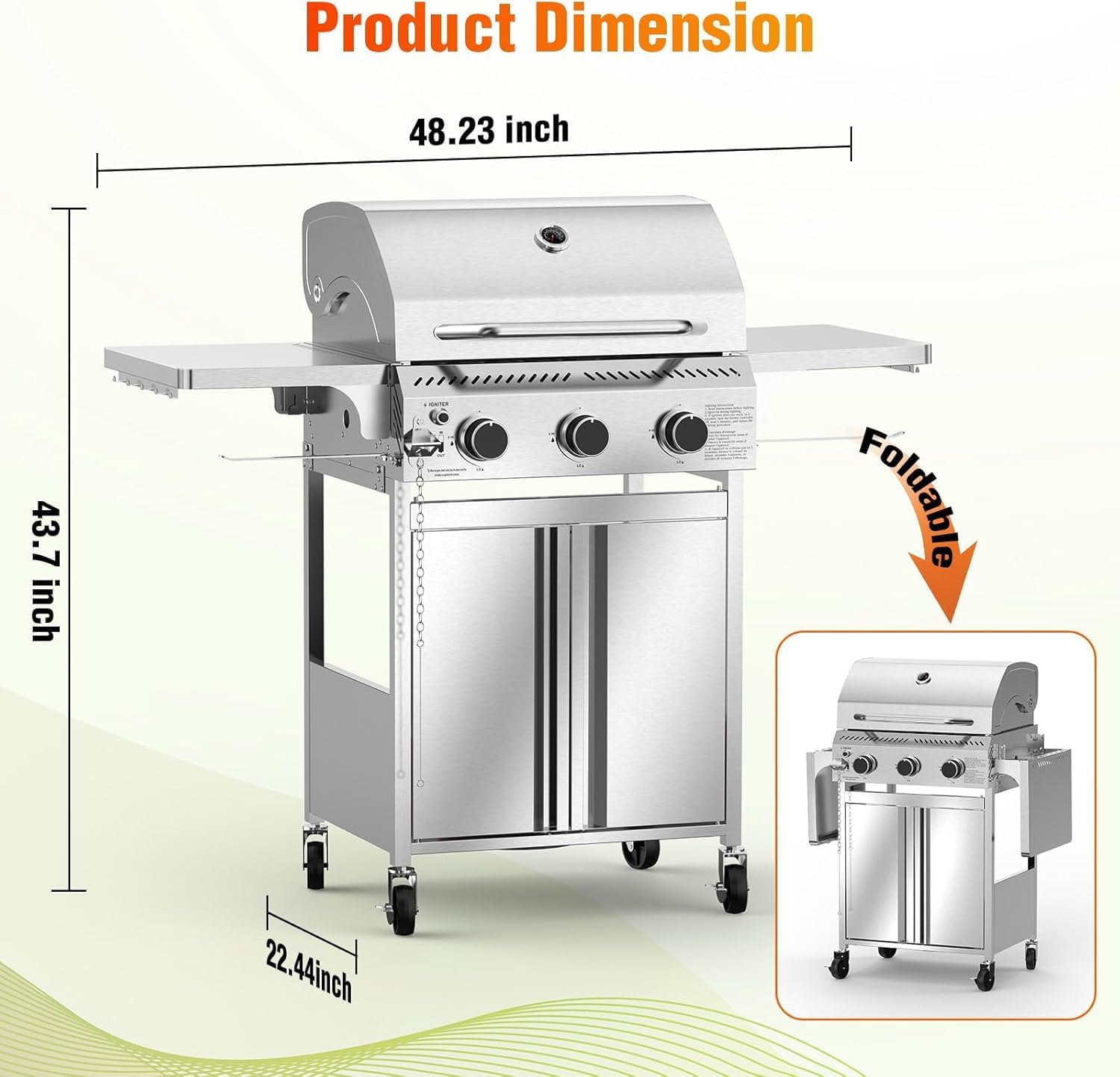 Electactic Propane Gas Grill, 3-Burner 24,000 BTU Stainless Steel BBQ Grill with Foldable Shelf for Outdoor Barbecue and Cooking