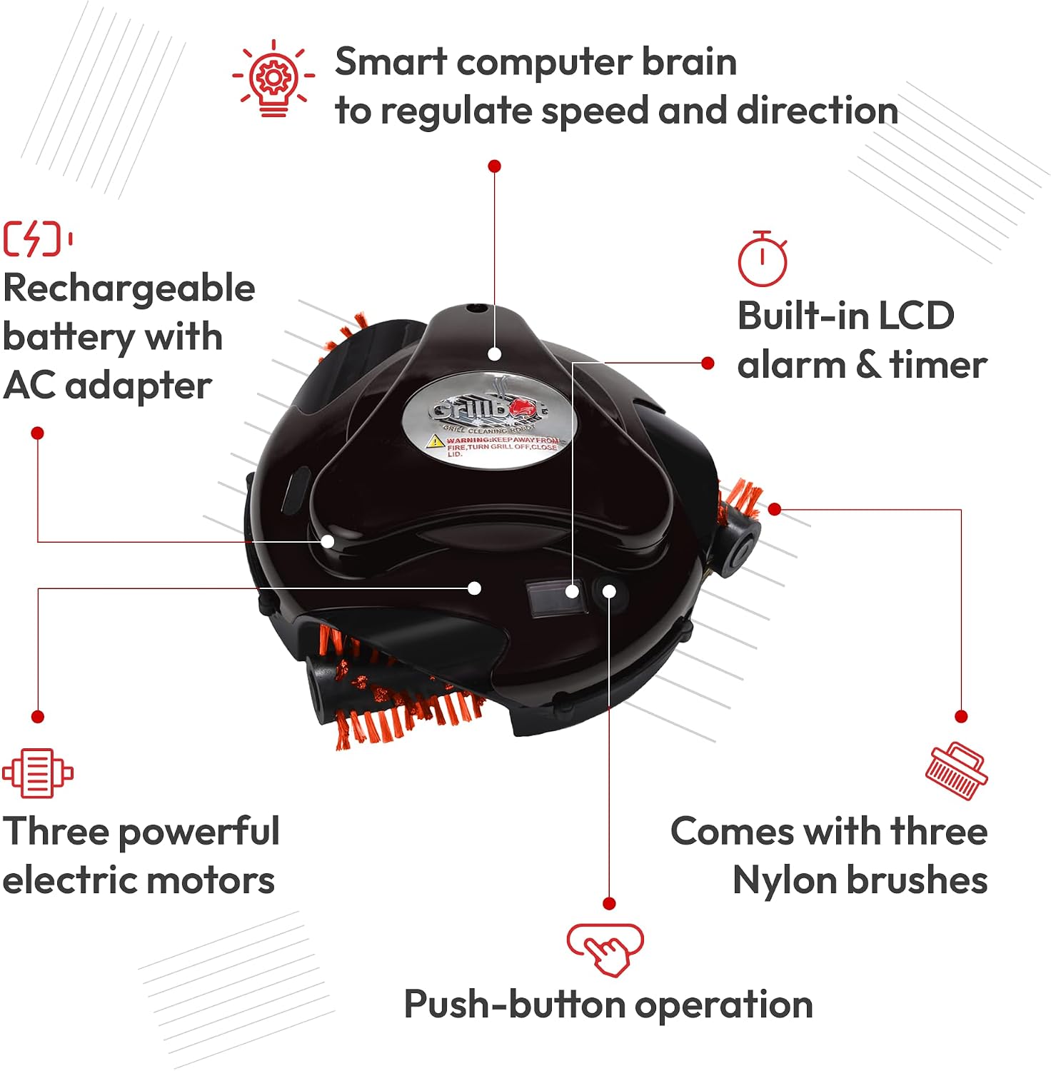 Grillbot Automatic Grill Cleaning Robot with Nylon Brushes, Electric BBQ Cleaner Brush with Motorized Power, Cordless Rechargeable Grill Scrubber for Outdoor Grills (Red and Case)
