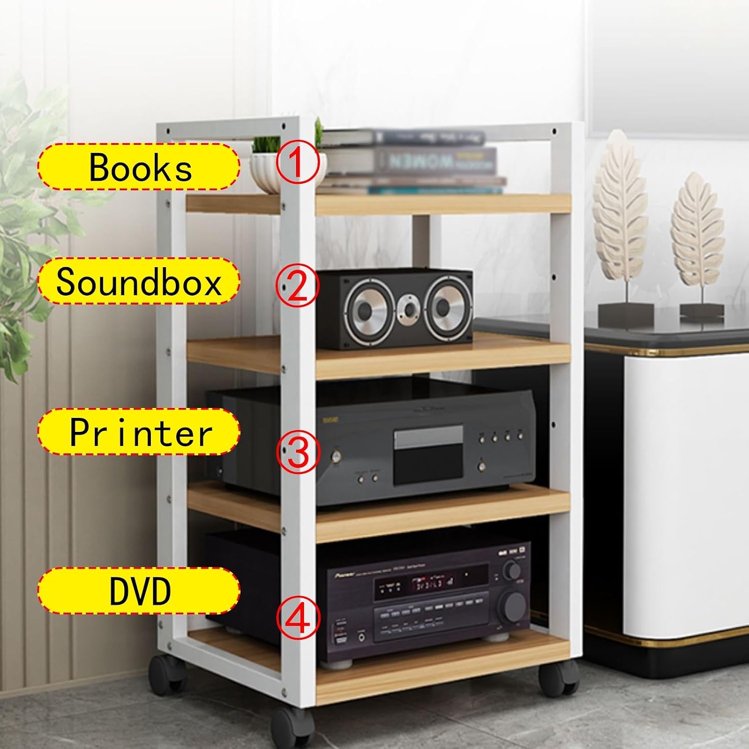SRNSAEB Audio Equipment Rack On Wheels, Heavy Duty 3 4 Tier DVD Storage Media Shelf/HiFi Racks and Stands for Music Room/Cinema/Commercial Premises, Adjustable Av Component Stand(B,3 Tiers)