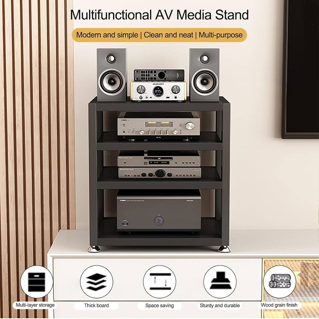 Audio Rack AV Media Stand Wooden Record Player Stand Equipment Console Shelf, for Entertainment Stereo Racks Component Storage and Collection Display(Black,48cm/18.9in)