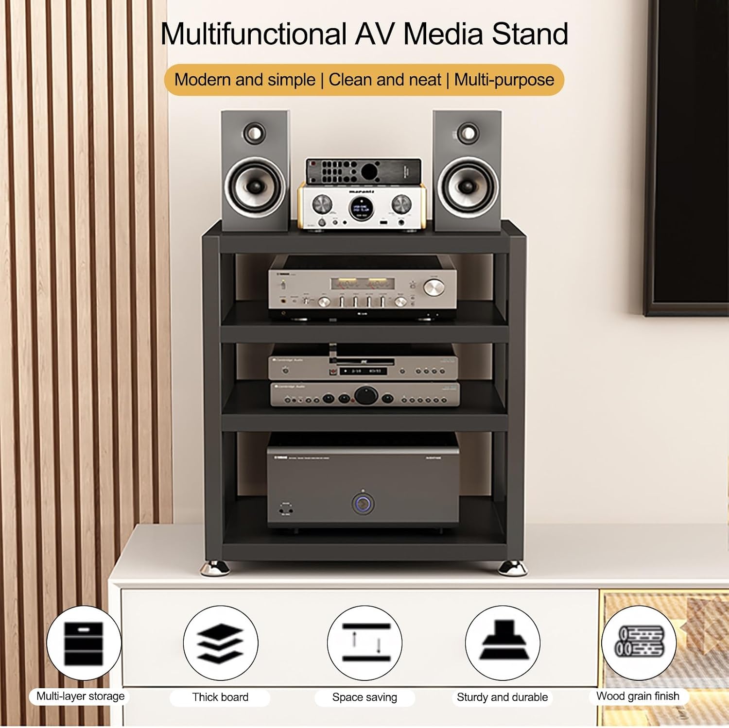 Audio Rack AV Media Stand Wooden Record Player Stand Equipment Console Shelf, for Entertainment Stereo Racks Component Storage and Collection Display(Black,48cm/18.9in)