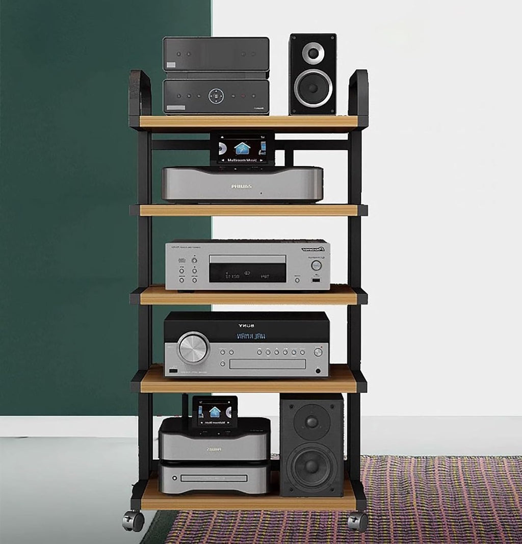Audio Rack Av Tower Media Stand 5-Tier Electronics Equipment Shelf, Heavy Duty 106cm Tall Mobile Stereo Racks Cart on Wheels, Floor-Standing Commercial Home Media Stand, Natural