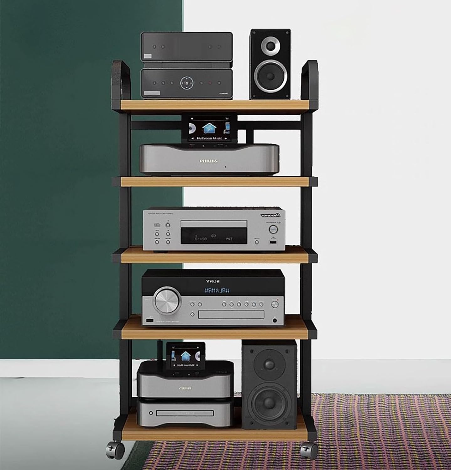 Audio Rack Av Tower Media Stand 5-Tier Electronics Equipment Shelf, Heavy Duty 106cm Tall Mobile Stereo Racks Cart on Wheels, Floor-Standing Commercial Home Media Stand, Natural