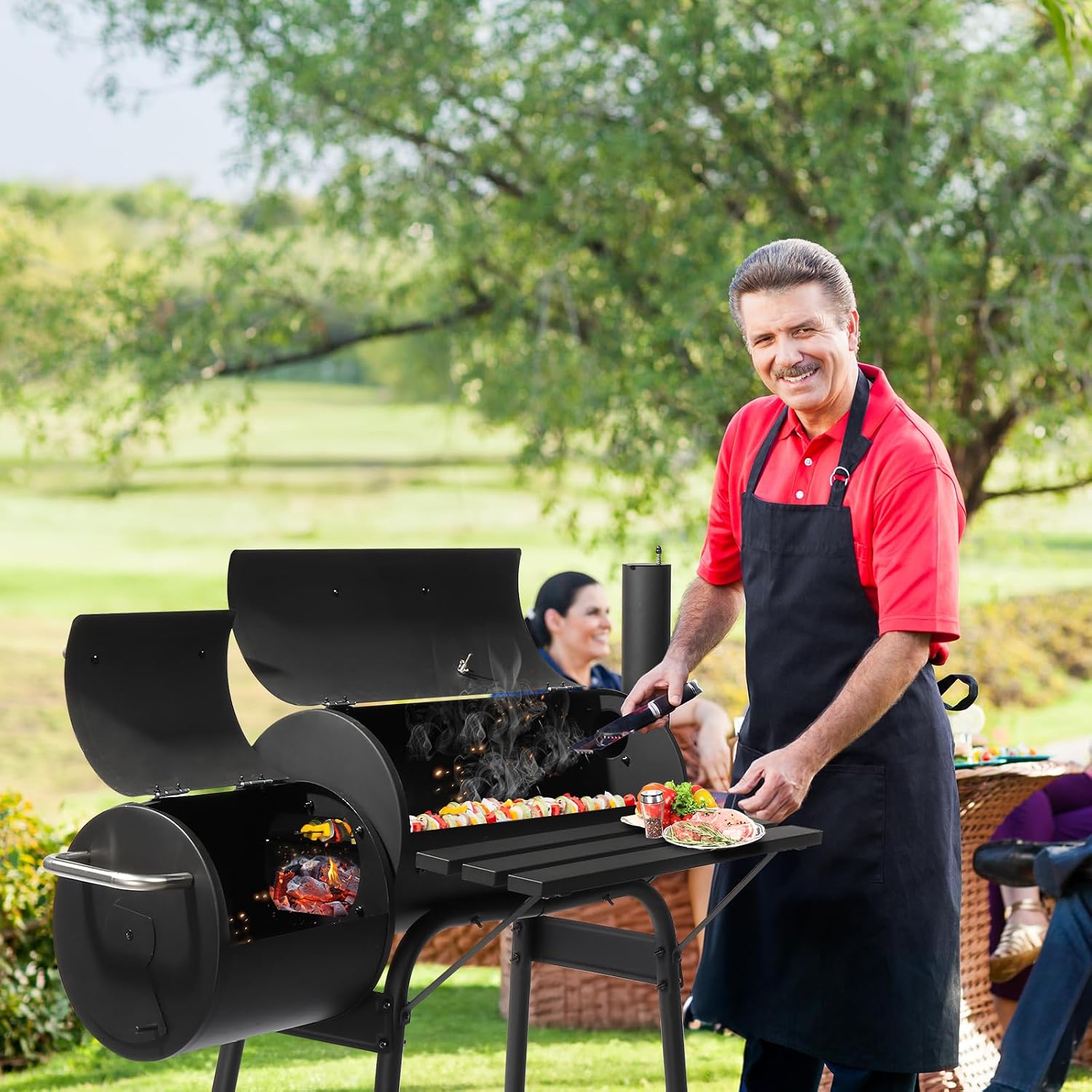 Outvita Outdoor BBQ Charcoal Grill, Portable Camping Grill for 6-10 People with Offset Smoker & Wheels for Patio Backyard Picnic