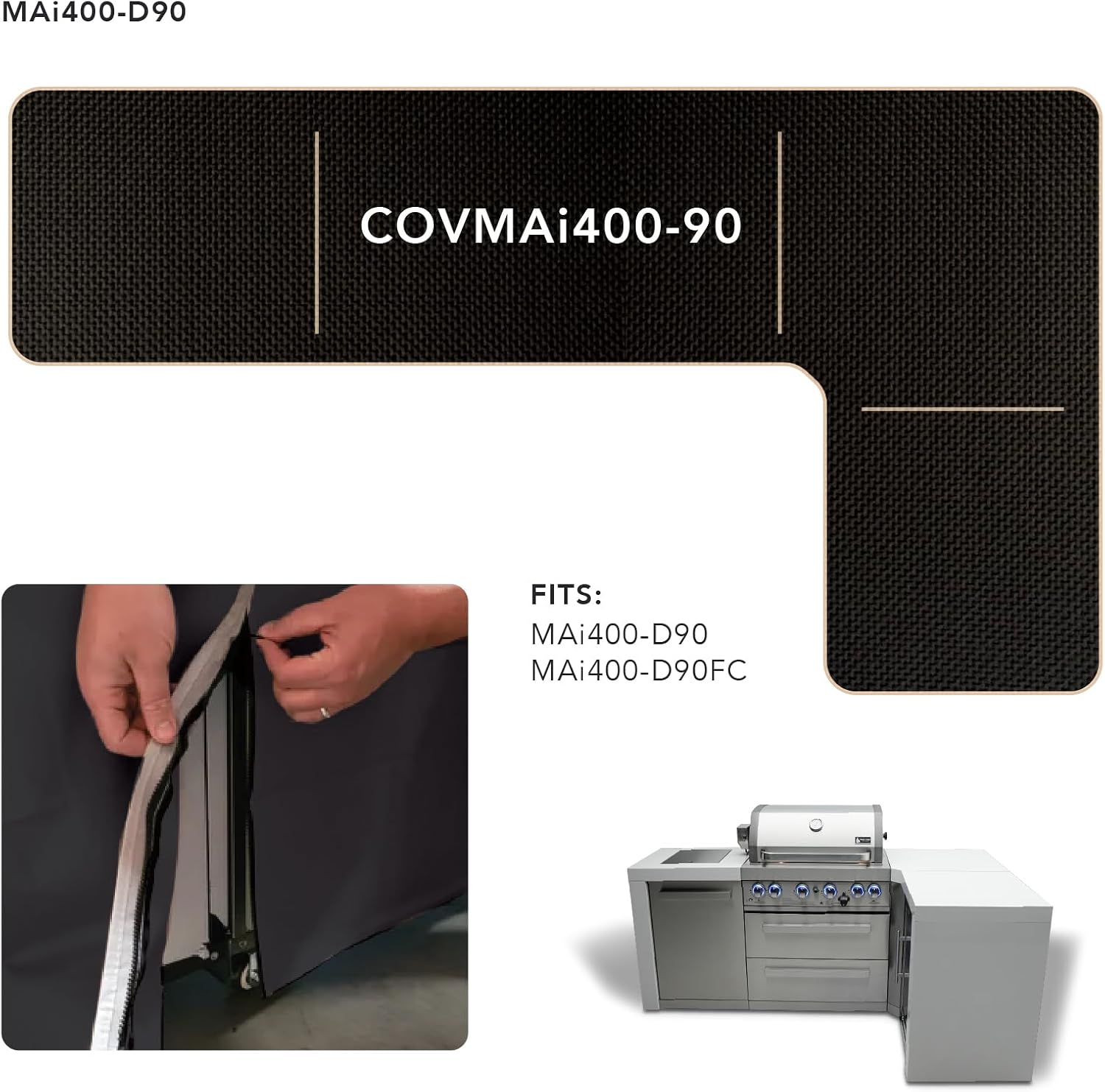 Mont Alpi 400 COVMAi400-90 L-Shaped 4-Burner Heavy Duty All Weather Water Resistant 82' x 50' Full Black Grill Cover for MAi400-D90 and MAi400-D90FC Stainless Steel Modular Outdoor Kitchen BBQ Islands
