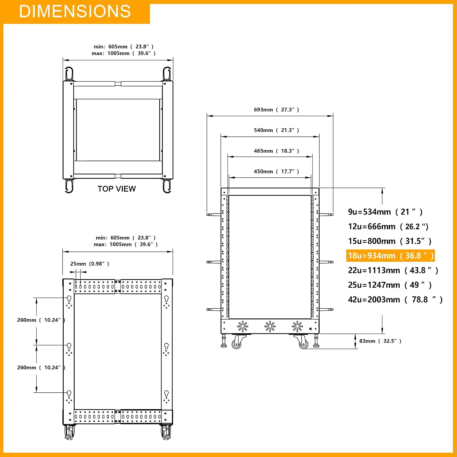 RIVECO 18U 19' Adjustable Depth Server Rack Support Up to 1700LBS Floor Standing 4 Post Rack with L Rails & Load-Bearing Casters Universal for Network Equipment Black