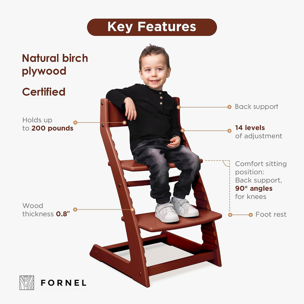 FORNEL Adjustable High Chair in Dark Walnut Finish | The Forever Chair that Grows from Toddler to Adult | Premium Solid Wood Construction