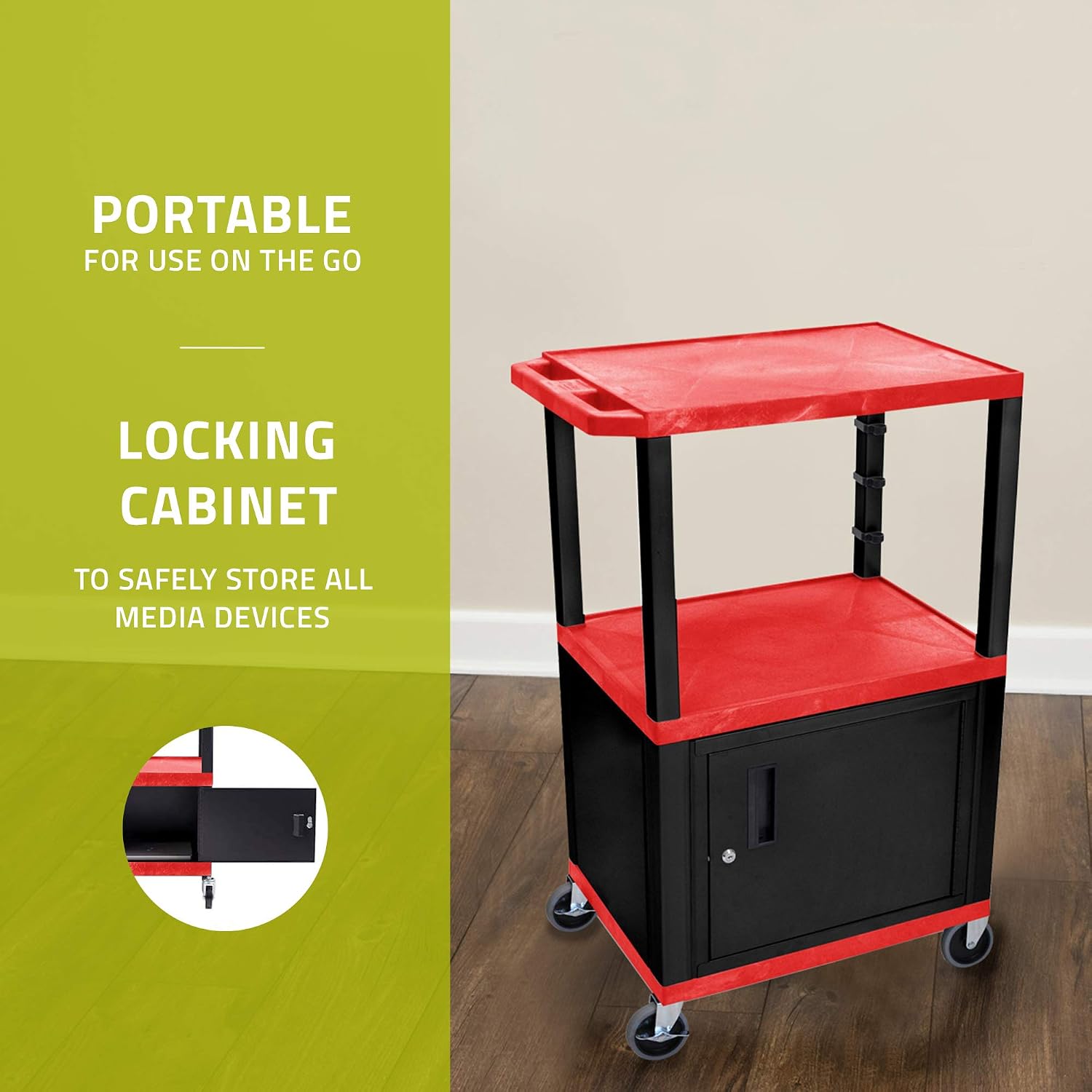 Luxor Multipurpose 42'H Red Audio Video Utility Cart with 3 Shelves, Cabinet - Black Legs
