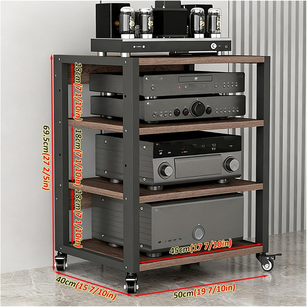 YLLFFLL Home Audio Rack with Wheels 3 4 5 Tier, Floor Standing Removable Stereo Cabinet Media Organizer Equipment Shelf, HiFi Stands with Height-Adjustable Shelf(W 19 7/10IN,4 Shelf)