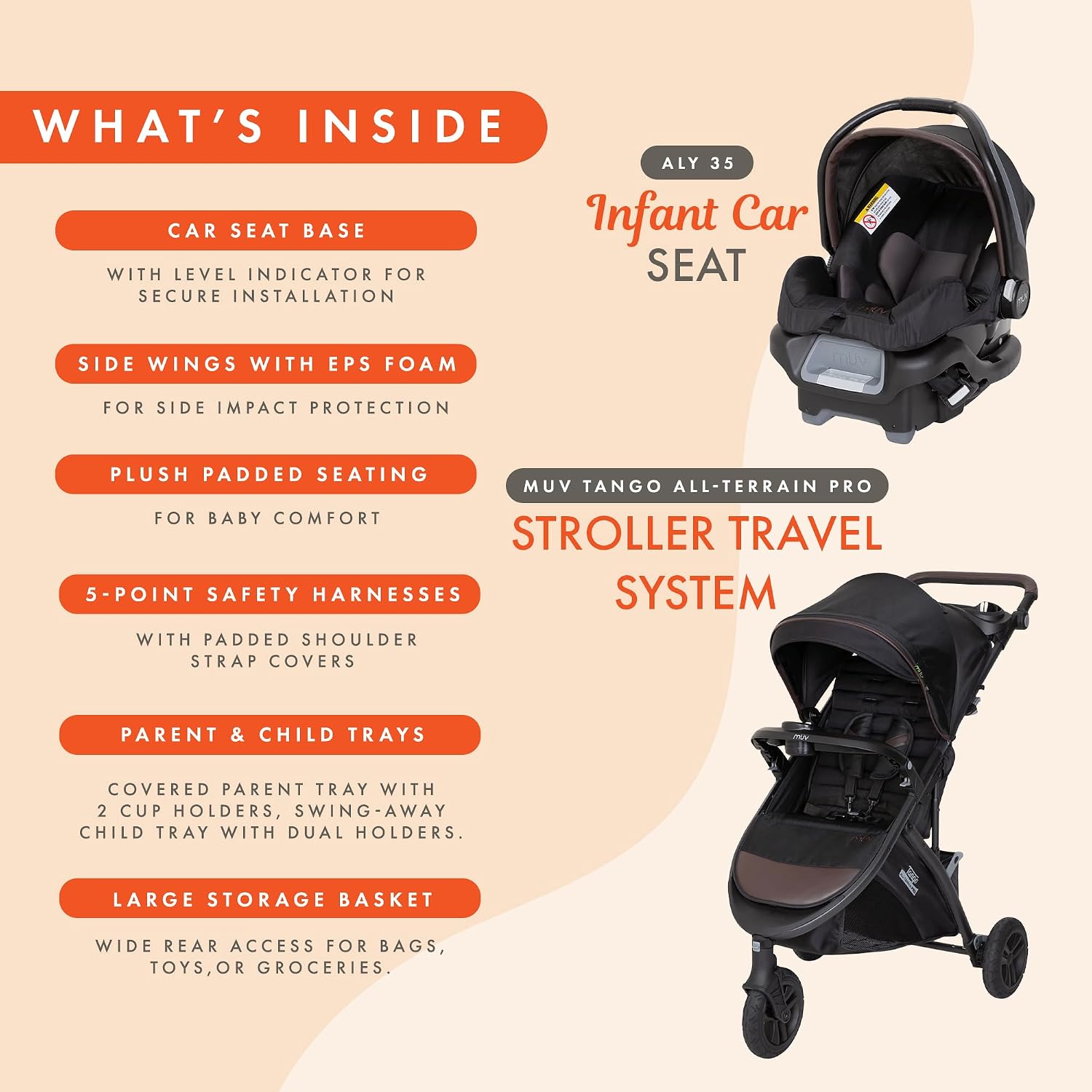 Baby Trend Tango Pro Baby Stroller with Ally 35 Infant Car Seat, Adjustable Canopy, Storage Basket & Cup Holders, Uptown Brown – Lightweight & Foldable Travel System for Toddlers & Infants