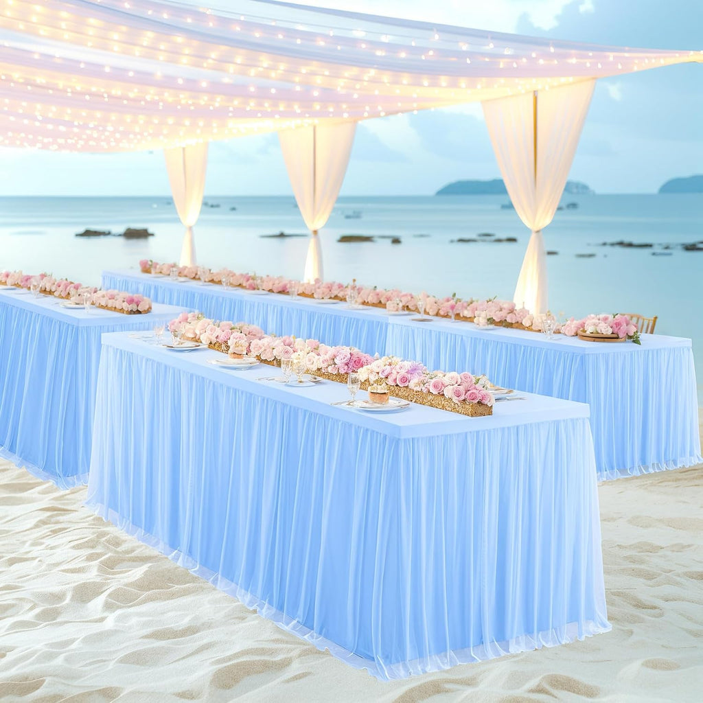 6 Pack Baby Blue Table Cloth for 6 Foot Rectangle Tables, Stretch Fitted Tulle Table Covers Skirt, Rectangular Ruffle Tutu Tablecloth Wedding Baby Shower Baby Shower Cake Tablecloths