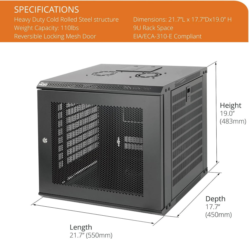 Tecmojo 9U Wall Mount Rack Network Cabinet for 19' IT Equipment,with Lockable Mesh Door and Side Panels,Cooling Fan,17.7inch Depth,Black