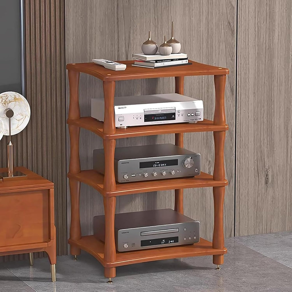HOFSSI Open Audio Rack/Record Player Stand with Shock Absorbing Feet, Wooden Stereo Cabinet Media Stand Corner Shelf, TV Box/WiFi Router/Audio Equipment Organizer, for Home/Office/Theater(4-Tier)