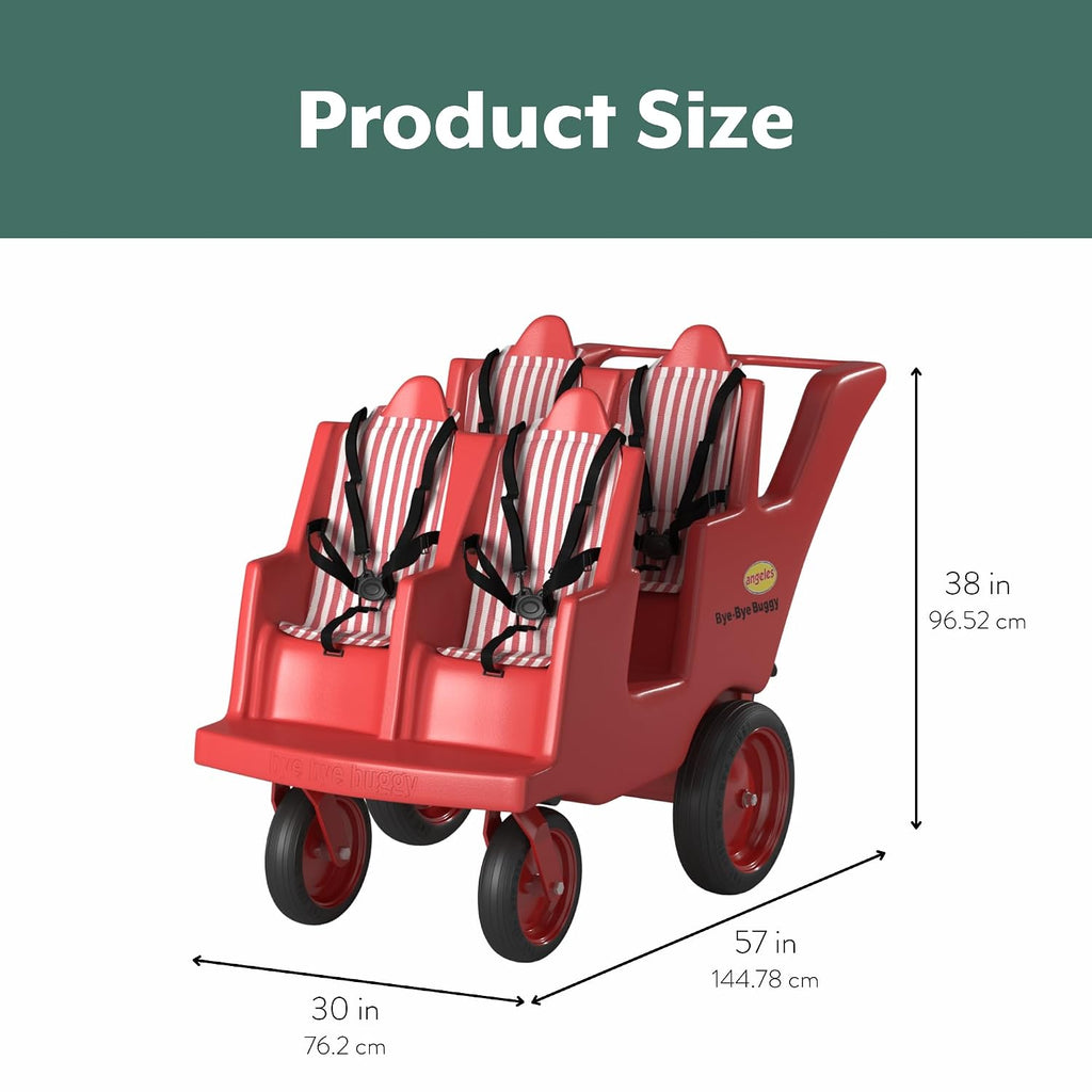 Angeles Bye Bye Buggy 4 Passenger Stroller, Sturdy Daycare Stroller with Fat Tires, Easy-to-Fasten Safety Buckles, Parking Brake, & 360 Pivoting Wheels, Red with Stripe Cushions