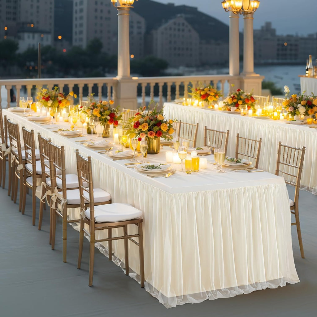 Wish Care 6 Pack Light Champagne Tulle Tablecloth for 6 Foot Rectangle Tables Ruffle Stretch Fitted Table Cloth Tutu Skirt Wrinkle Free Table Cover for Party Wedding Birthday Banquet Cake Tables Decor