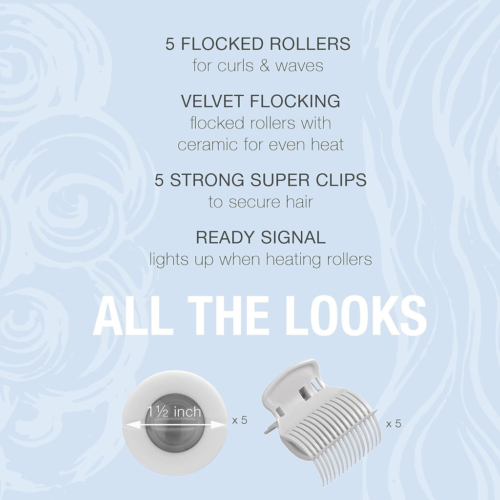 Conair Double Ceramic Hot Rollers for Long,Medium & Short Hair,5 Ceramic Flocked 1½-Inch Heated Hair Rollers with Clips,Hot Curlers for Women,Volume & Curls,Dual Voltage,Pink/White,(Pack of 6)