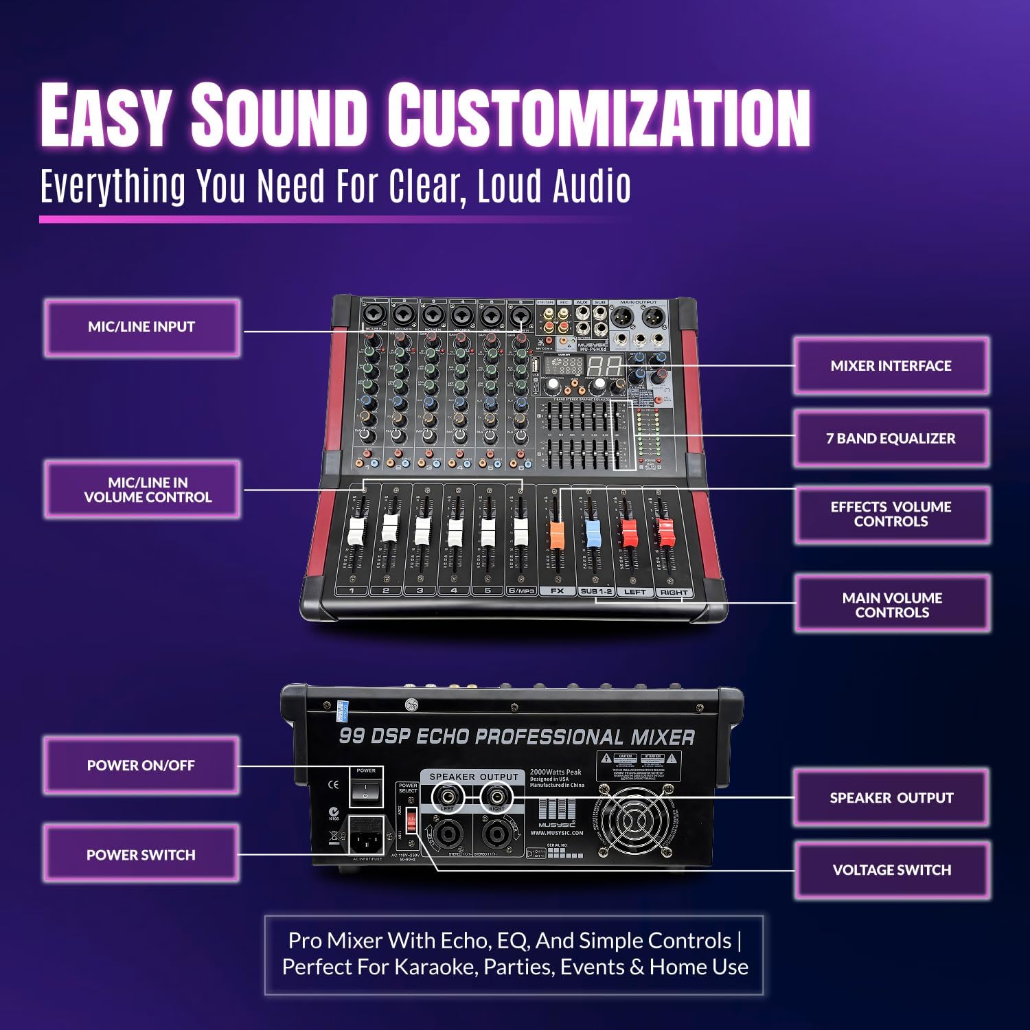 MUSYSIC Portable PA System with Wireless UHF Microphone, 12' PA Speaker System, Party DJ Speakers, 2000W Built-in Amplifier w/6 Channel Audio Mixer System, 1000W Passive Speaker, Dual Tripod Stands