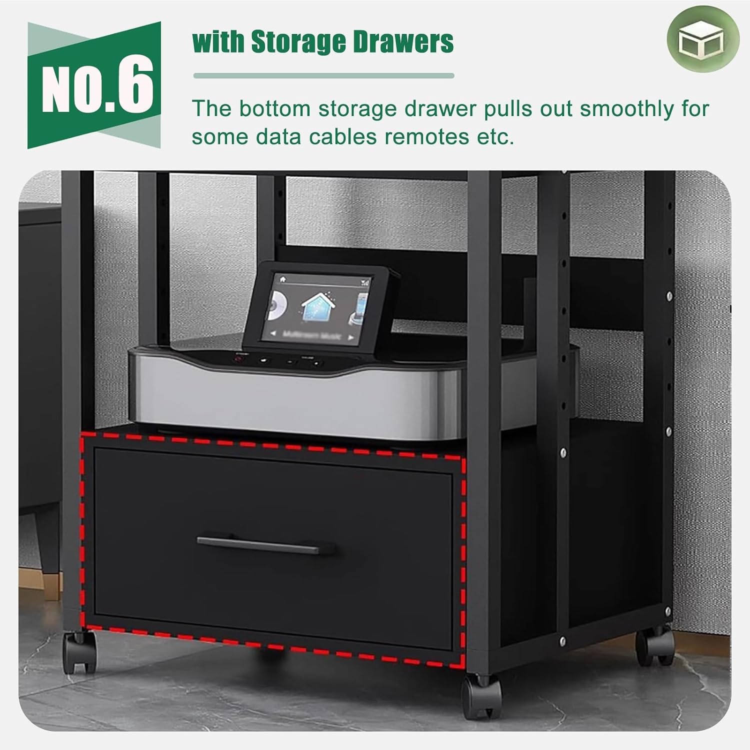 Metal Audio Rack with Drawer 16 18in - 3 Tier Stereo Components Rack/Cabinet - Media Shelf Black for Tv Accessories Games Consoles Audio Equipment(3D1-79cm)