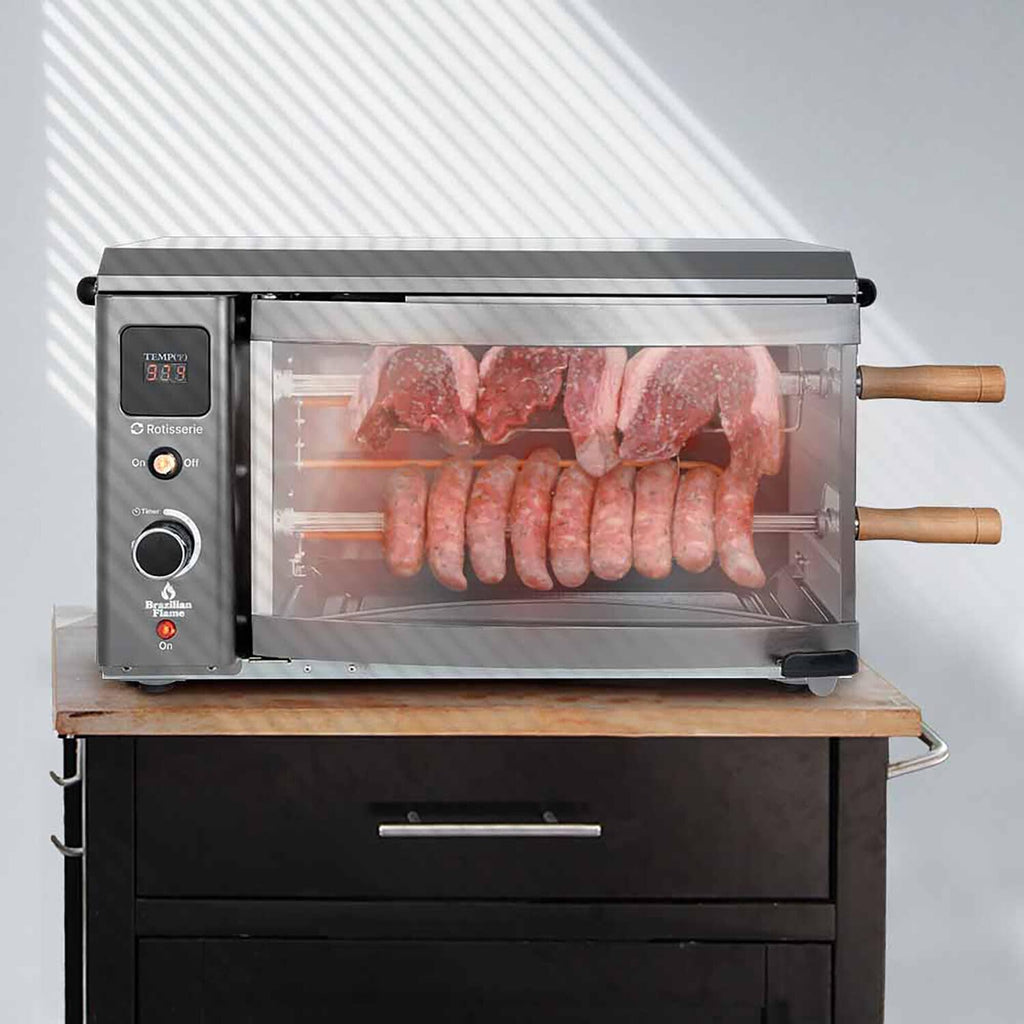 Brazilian Flame Indoor or Outdoor Rotisserie Grill Roaster with 2 Auto Rotating Skewers for Rotisserie Chicken, Steak, Fish, Brazilian Style BBQ, Electric Rotisserie Oven for Apartment or Home