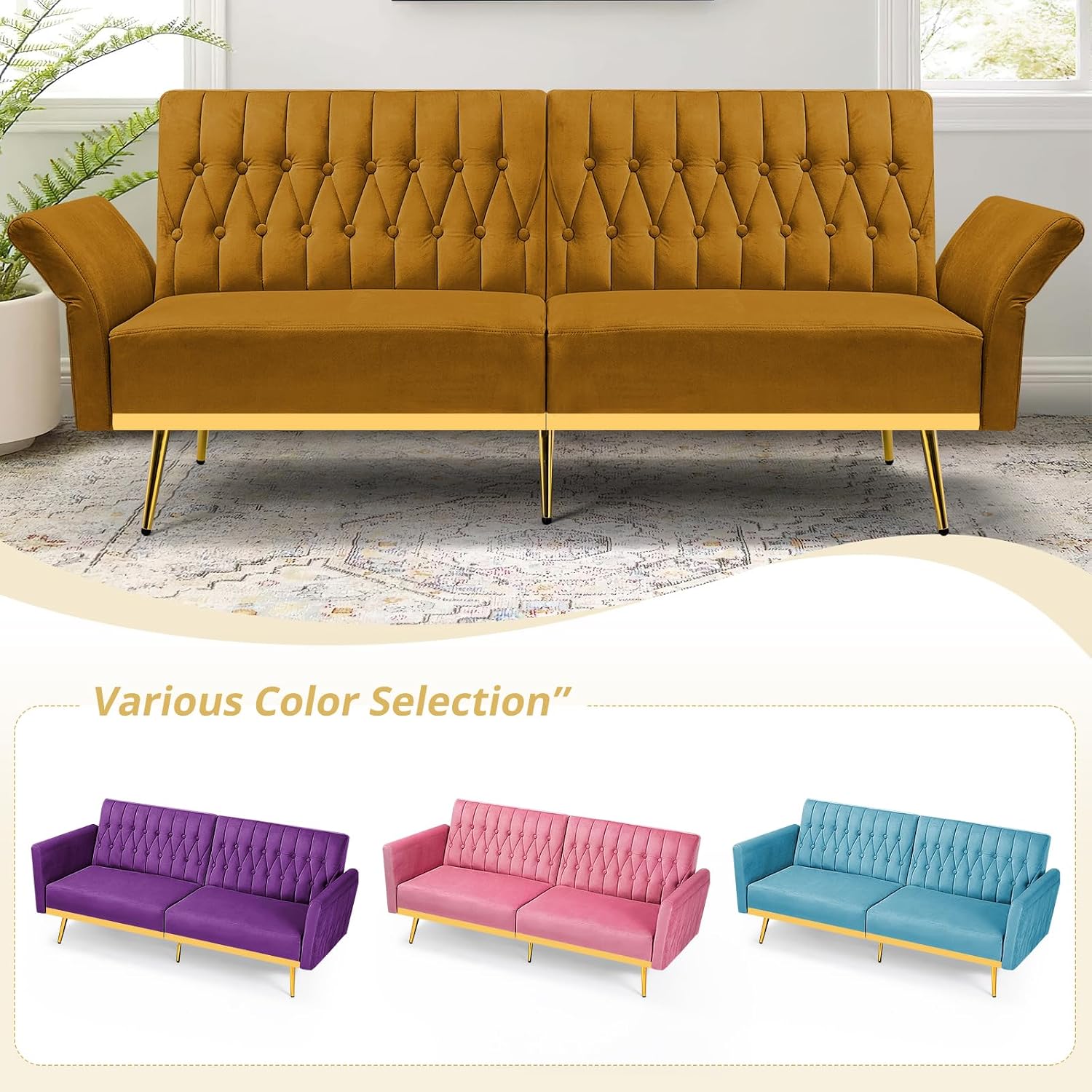 70' Velvet Futon Sofa Bed with 2 Pillows and Adjustable Armrests, Convertible Sleeper Bed W/Adjustable Backrests, Modern Loveseat for Living Room, Bedroom, Ginger