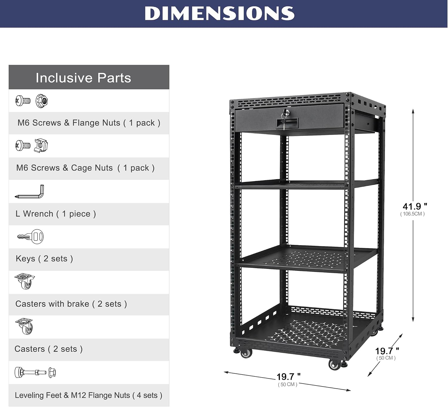 20U Server Rack Cabinet with Drawer & 2 PCS Full Size Rack Shelves - Integrated Top/Bottom Panels, 4 Rolling Wheels for 19' Equipment & Home Lab Studio
