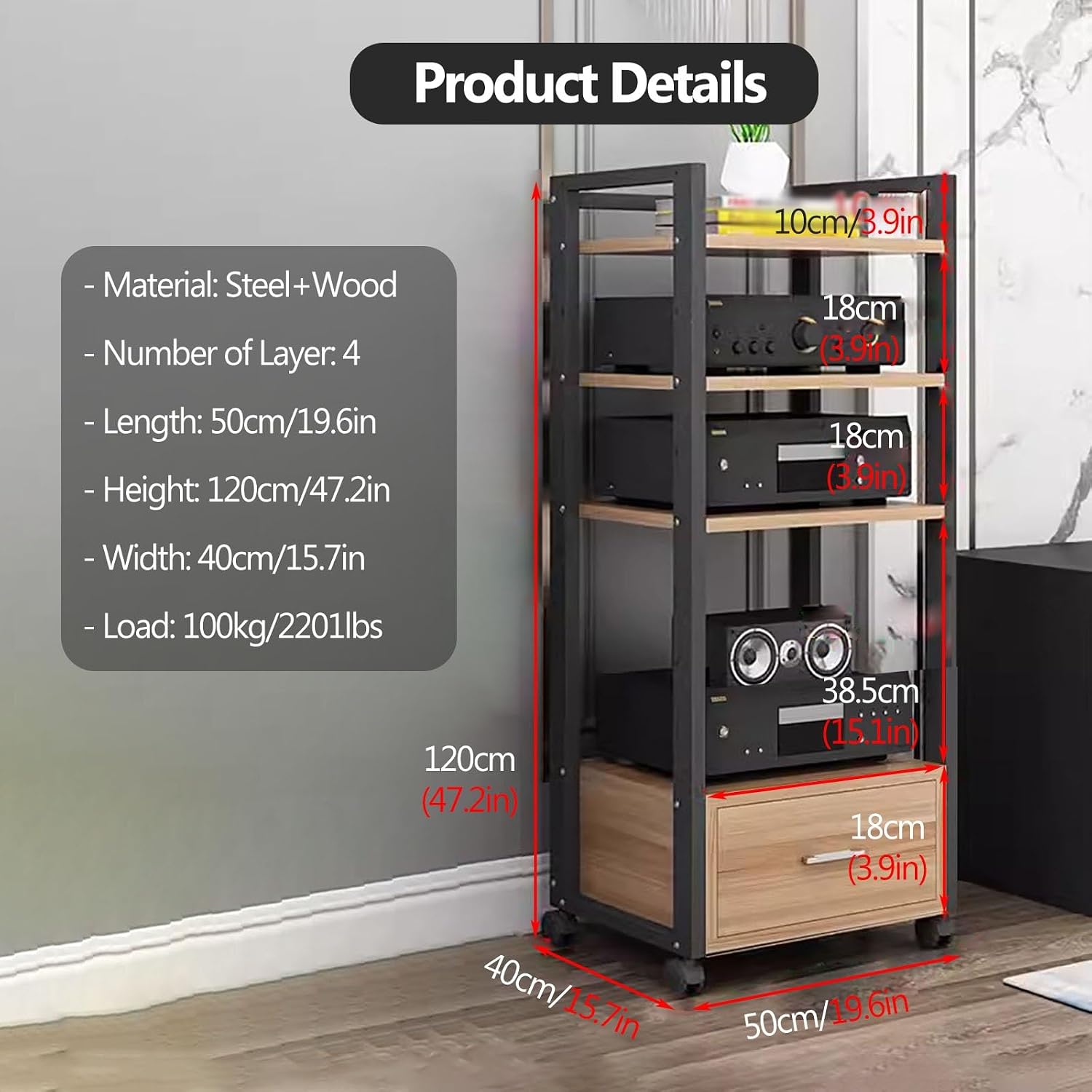 YLLFFLL AV Media Stand Corner Shelf - Rack Audio Tower with Adjustable Shelves - 79 100 120cm Tall Shelf Stand with Wheels - Audio Equipment Rolling Cart Rack Portable for Home(4Tiers-120cm Tall)