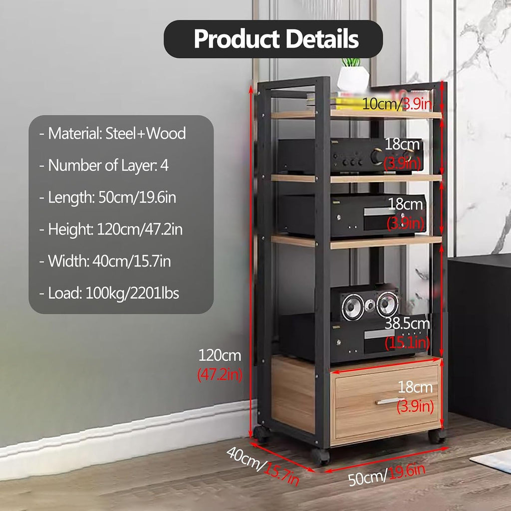 AV Media Stand Corner Shelf - Rack Audio Tower with Adjustable Shelves - 79 100 120cm Tall Shelf Stand with Wheels - Audio Equipment Rolling Cart Rack Portable for Home, 4Tiers-120cm Tall