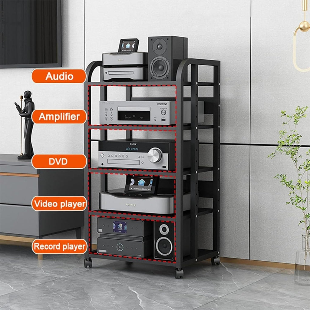 XingLi 3/4/5-Tier Audio Equipment Rolling Cart Rack，Large Stereo Black Storage Cabinet - Office Bedroom Living Room AV Media Shelf(Size:5 Tier-H100cm)