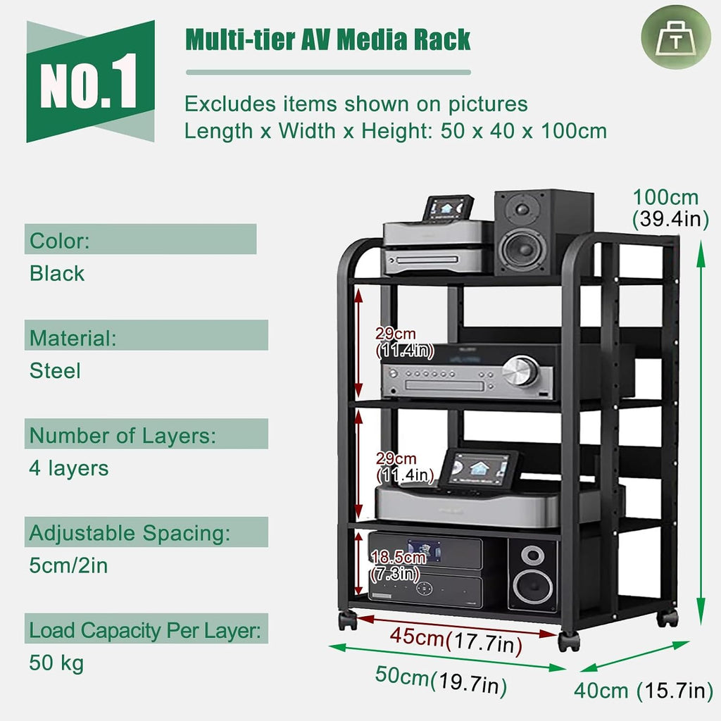 2 3 4 5 Tier Audio Equipment Rack Cabinet for Headphones Monitors Recording Video Game/DVD Shelf Stand Storage Shelf - Record Player Console Cabinet Vintage(4 Tier-H100cm)