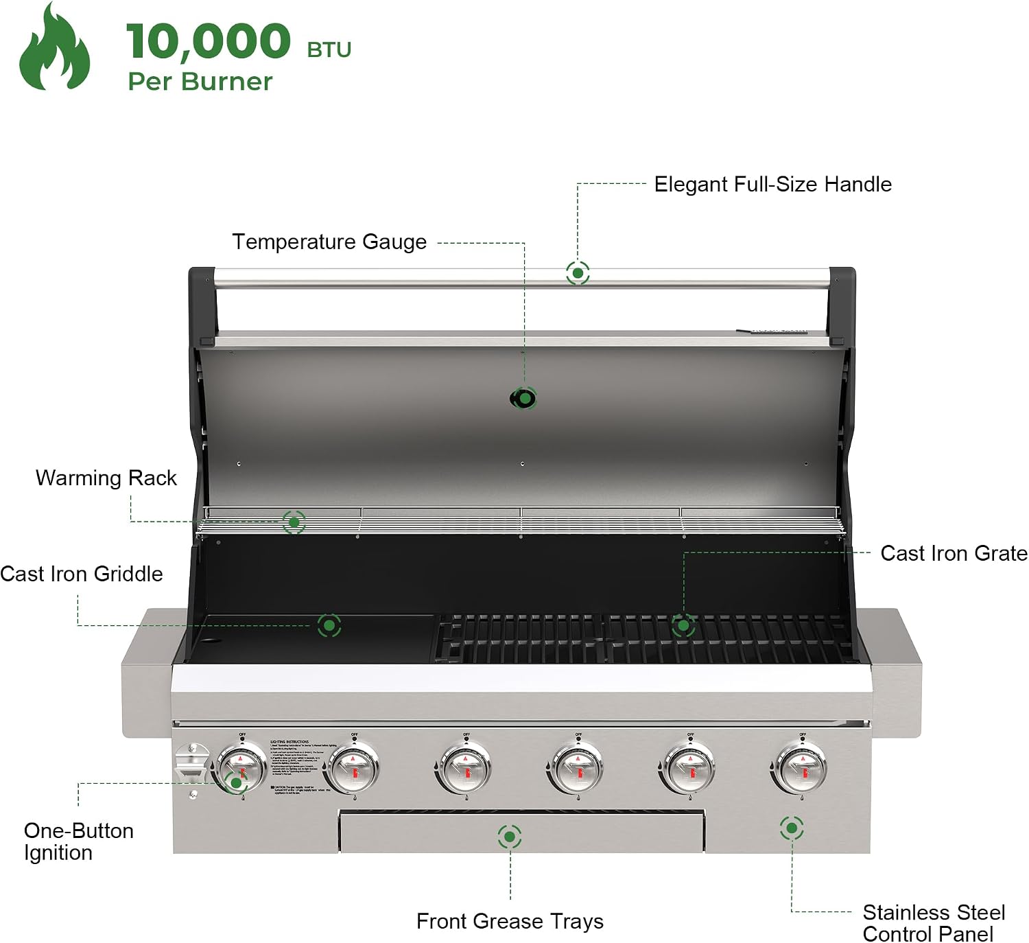 Brand-Man Propane Gas Grill, 40-Inch 6-Burner Built-In Head BBQ Island Outdoor Kitchen, Natural Gas Convertible, Heavy Duty 304 Stainless Steel, 60,000BTUs